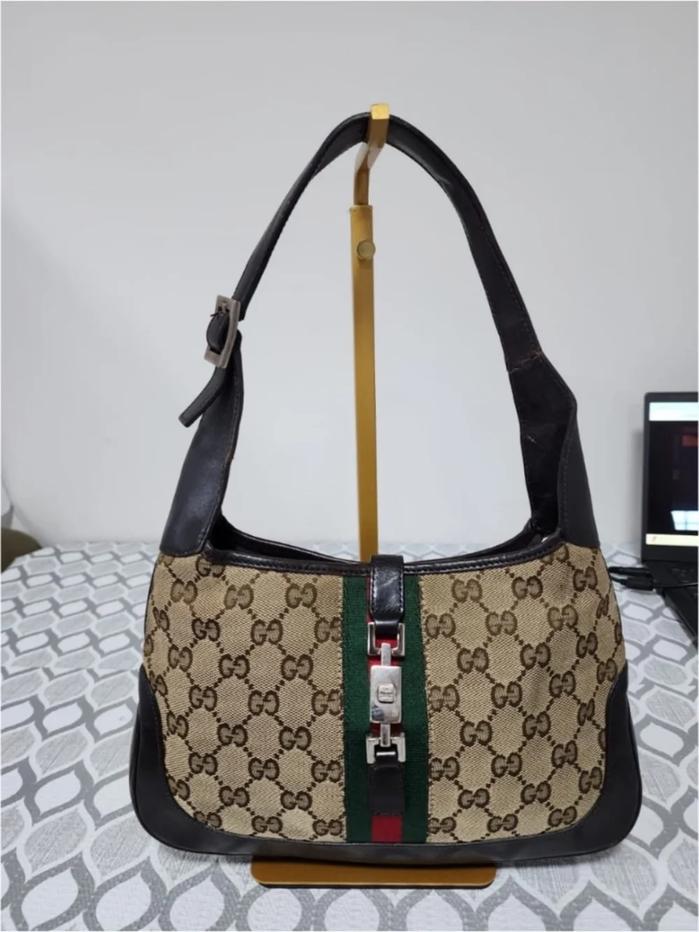 Authentic GUCCI GG Canvas Web Jackie O Bouvier Hobo Bag Brown/Beige
